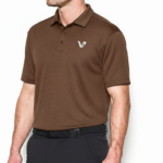 A high-performance men's technical golf polo with a three-button placket, minimalist chest logo, and a traditional straight-cut bottom hem.