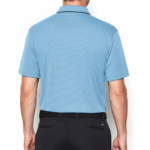 A high-performance men's technical golf polo with a three-button placket, minimalist chest logo, and a traditional straight-cut bottom hem.