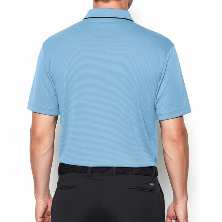 A high-performance men's technical golf polo with a three-button placket, minimalist chest logo, and a traditional straight-cut bottom hem.