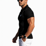 A high-performance men's muscle slim-fit ribbed polo shirt featuring a textured knit, a minimalist chest logo, and a modern curved bottom hem.