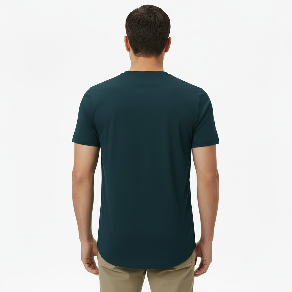 A high-quality lightweight cotton jersey t-shirt with a minimalist logo on the chest and a modern curved hem design, featuring a tailored regular fit.