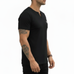 A high-performance men's muscle slim fit ribbed t-shirt featuring a split v-neck design and a modern curved longline hem.