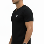 A high-performance men's muscle slim fit ribbed t-shirt featuring a split v-neck design and a modern curved longline hem.