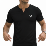 A high-performance men's muscle slim fit ribbed t-shirt featuring a split v-neck design and a modern curved longline hem.