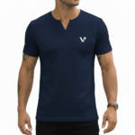 A high-performance men's muscle slim fit ribbed t-shirt featuring a split v-neck design and a modern curved longline hem.