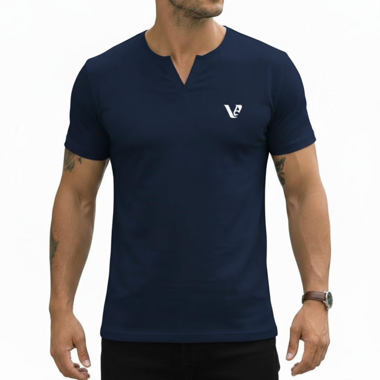 A high-performance men's muscle slim fit ribbed t-shirt featuring a split v-neck design and a modern curved longline hem.