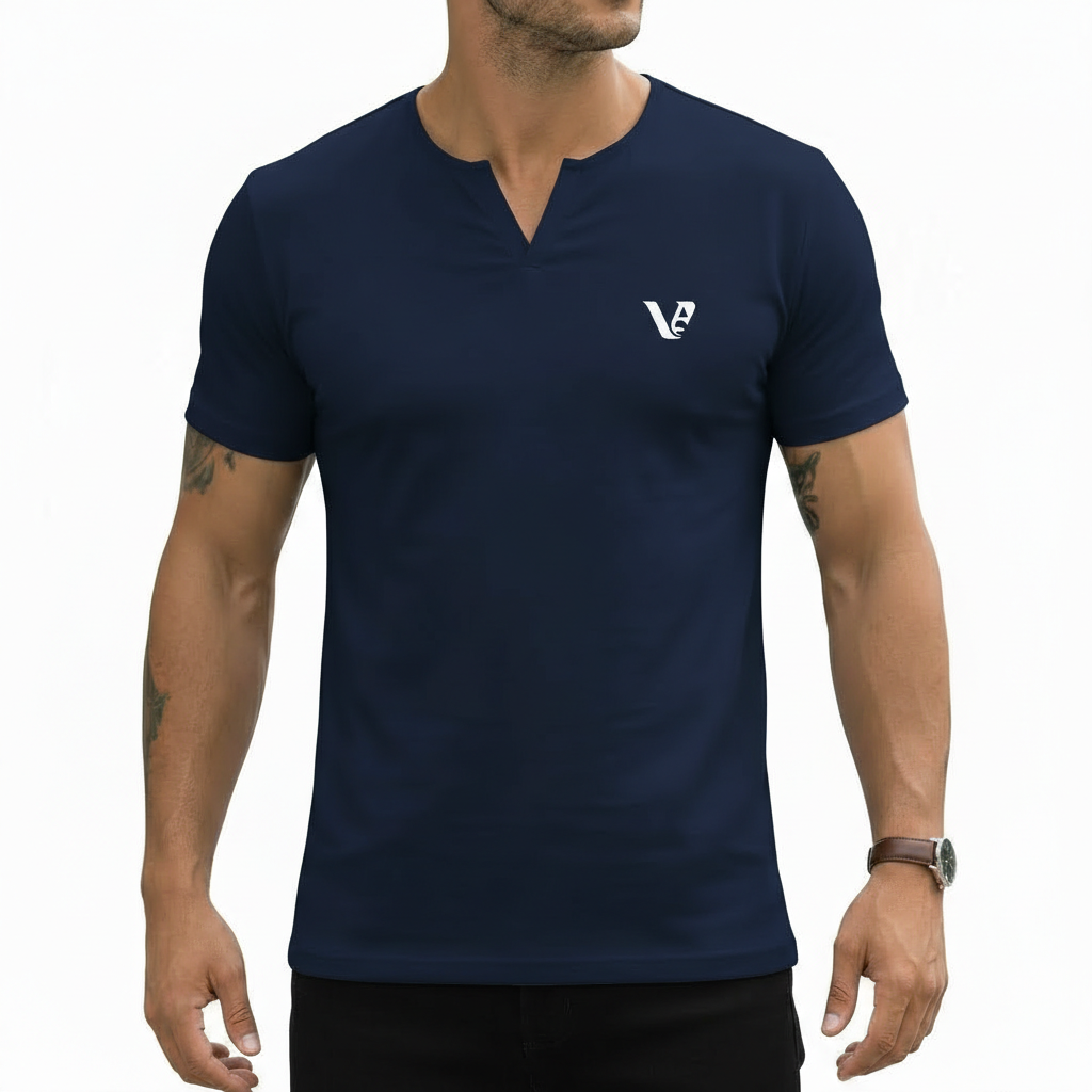 JMIERR Men's Slim Fit Ribbed V-Neck T-Shirt A high-performance men's muscle slim fit ribbed t-shirt featuring a split v-neck design and a modern curved longline hem.