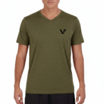 A high-performance men's dry-fit moisture-wicking athletic t-shirt featuring a v-neckline, chest logo, and a modern curved bottom hem.