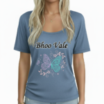 Women's breathable cotton t-shirt featuring a "Bhoo Vale" butterfly graphic design, available in Dusty Blue, Heather Grey, and Forest Green.