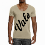 Man wearing a slim-fit Vale script V-neck t-shirt in dusty rose, charcoal grey, and sand beige colors.