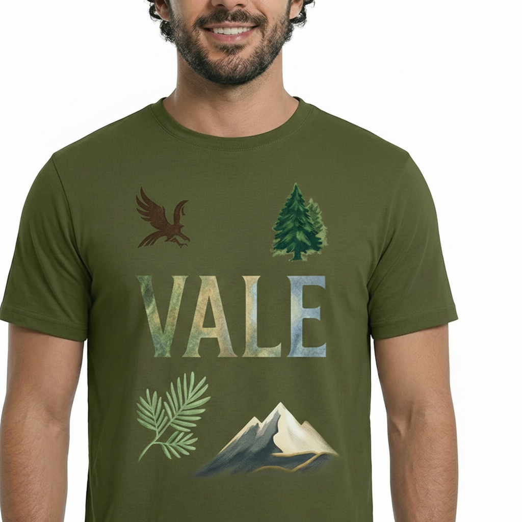 VALE Nature Graphic Cotton T-Shirt Man wearing a VALE nature graphic t-shirt featuring an eagle, pine tree, and mountain design in 100% breathable cotton.