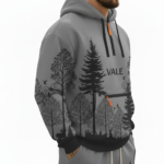 Men's designer breathable cotton tracksuit set featuring a full-zip hooded sweatshirt and matching joggers with an all-over geometric pattern and "VALE" branding