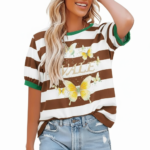 Women's striped cotton t-shirt with yellow butterfly graphic and green ringer neck, breathable summer casual wear.