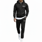 Men's designer breathable cotton tracksuit set featuring a full-zip hooded sweatshirt and matching joggers with an all-over geometric pattern and "VALE" branding.