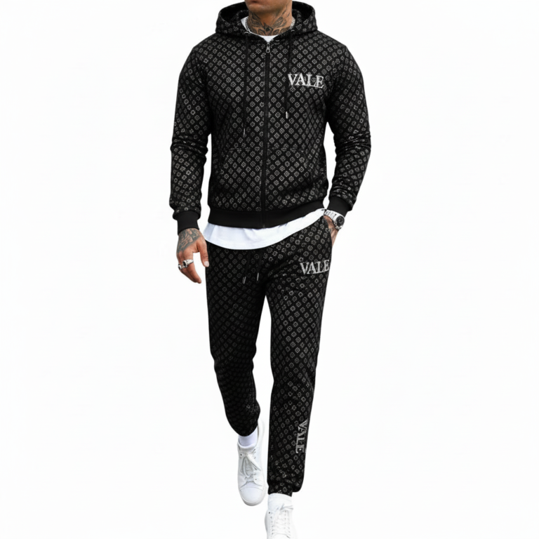 Men's designer breathable cotton tracksuit set featuring a full-zip hooded sweatshirt and matching joggers with an all-over geometric pattern and "VALE" branding.
