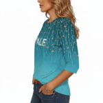Women's breathable cotton graphic t-shirt featuring VALE floral vine print and ombre gradient design in Teal, Black, and Brown.