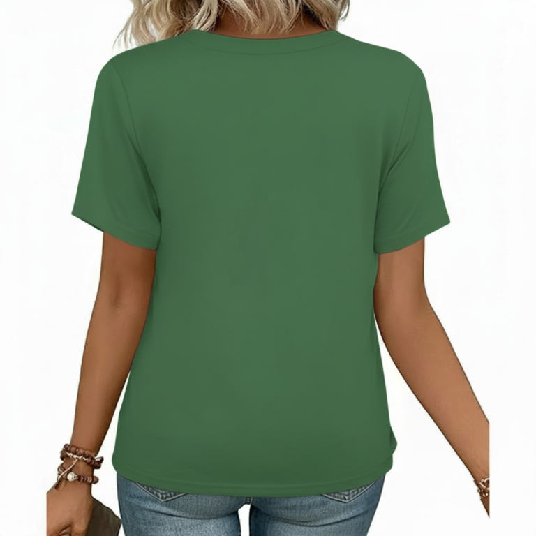 A woman wearing a breathable cotton V-neck T-shirt with a "Vale" butterfly graphic design, available in brown, green, and grey.