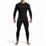 Back and front view of a man wearing a VALE brand compression suit featuring a manual transmission gear shifter graphic on the back of the long-sleeve shirt and matching leggings, shown in black, orange, and grey colors.