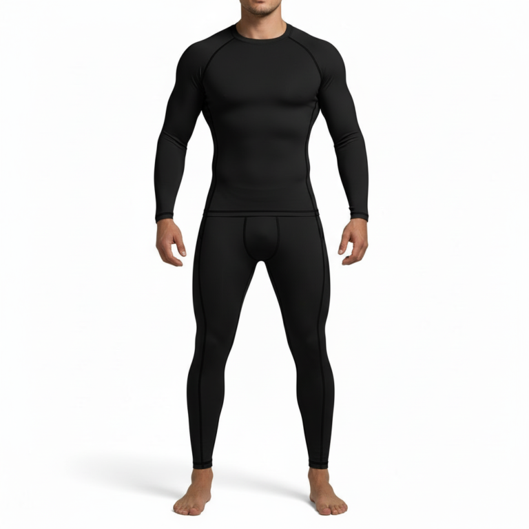 Back and front view of a man wearing a VALE brand compression suit featuring a manual transmission gear shifter graphic on the back of the long-sleeve shirt and matching leggings, shown in black, orange, and grey colors.