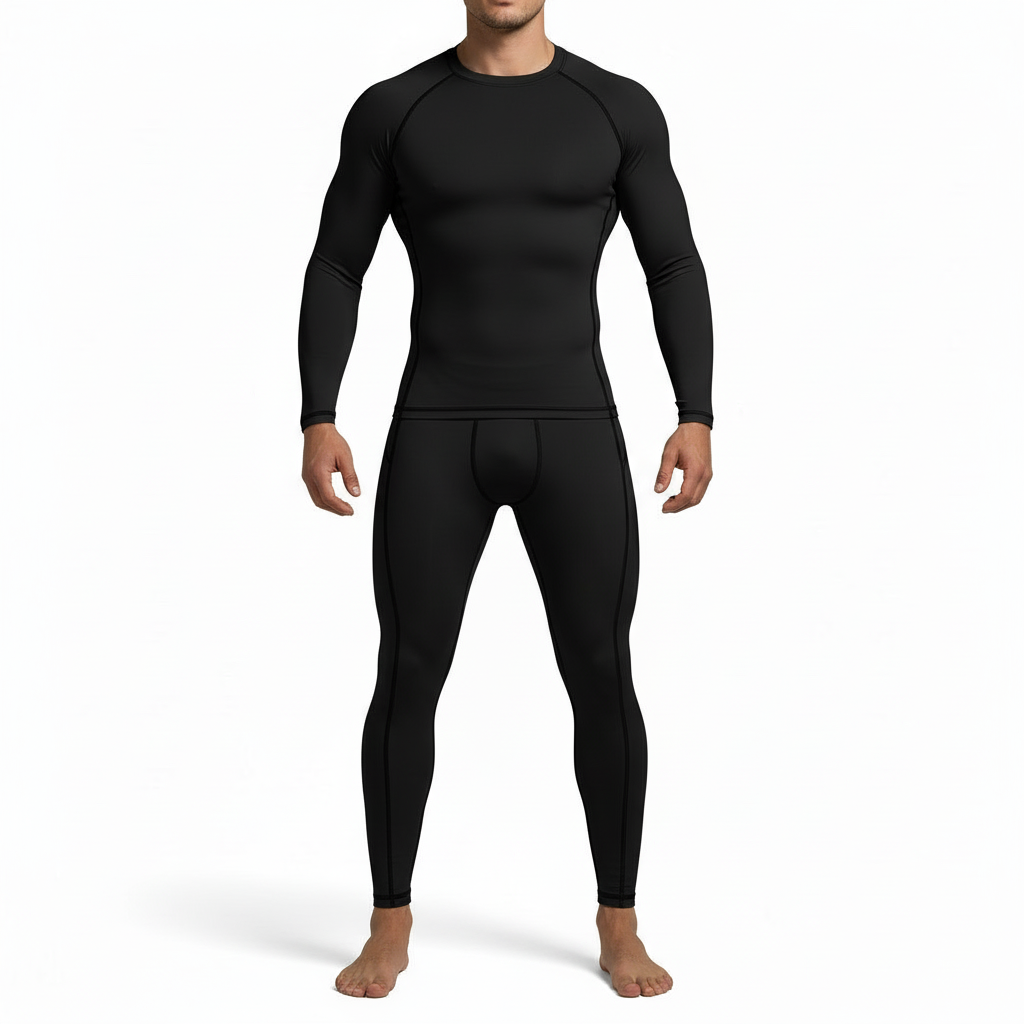 Back and front view of a man wearing a VALE brand compression suit featuring a manual transmission gear shifter graphic on the back of the long-sleeve shirt and matching leggings, shown in black, orange, and grey colors.