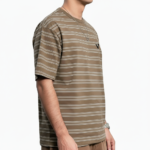 Men's oversized striped cotton t-shirt in green, white, and brown colors with chest logo.