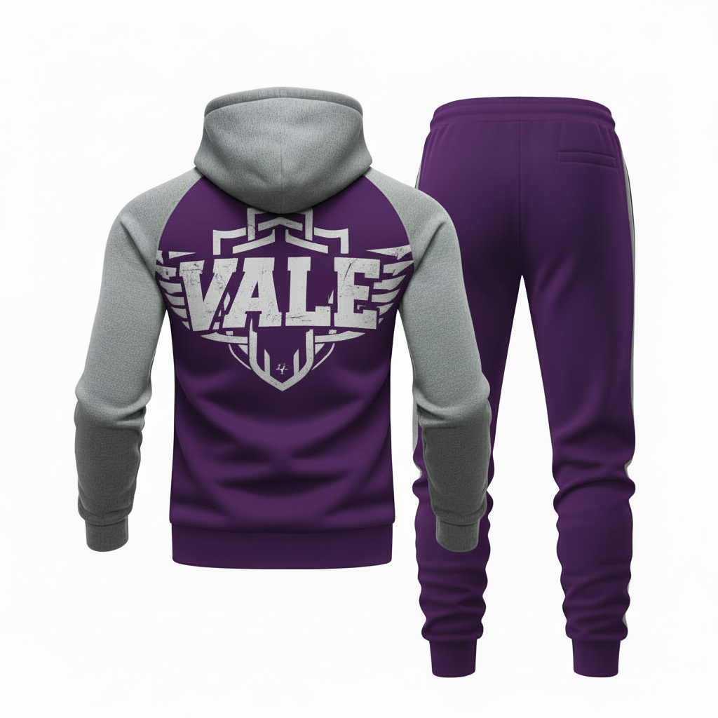 VALE Premium Breathable Cotton Tracksuit Back and front view of VALE brand breathable cotton tracksuit featuring a large shield logo, raglan sleeves, and matching joggers on a white background.