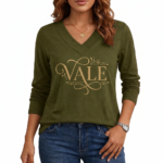 Women wearing a VALE branded long-sleeve breathable cotton V-neck t-shirt in navy blue, mustard yellow, and olive green, paired with blue jeans.