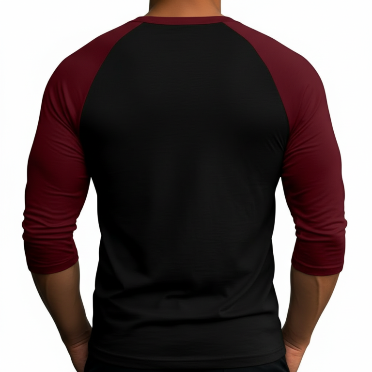 Close-up of a man wearing a breathable cotton raglan shirt featuring a vintage steampunk clockwork design and gothic 'Vale' text, athletic fit 3/4 sleeves.