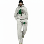Men's 2-piece streetwear tracksuit set made of breathable cotton featuring white contrast piping, a split-tree graphic logo, and wide-leg joggers in Grey, Blue, and Purple colors.