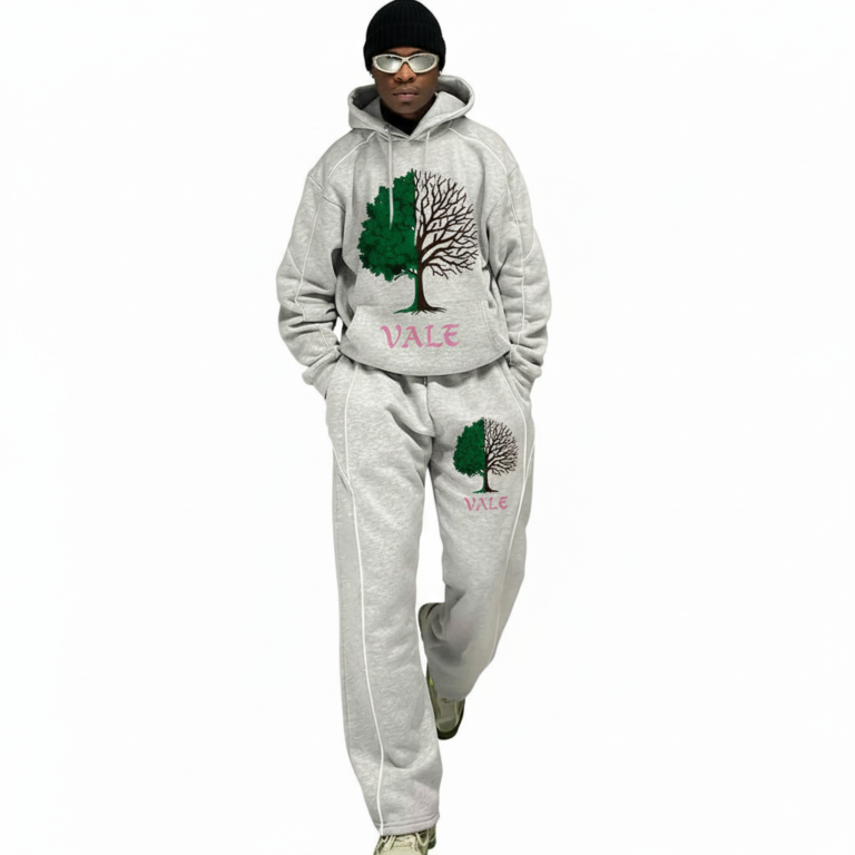 Men's 2-piece streetwear tracksuit set made of breathable cotton featuring white contrast piping, a split-tree graphic logo, and wide-leg joggers in Grey, Blue, and Purple colors.