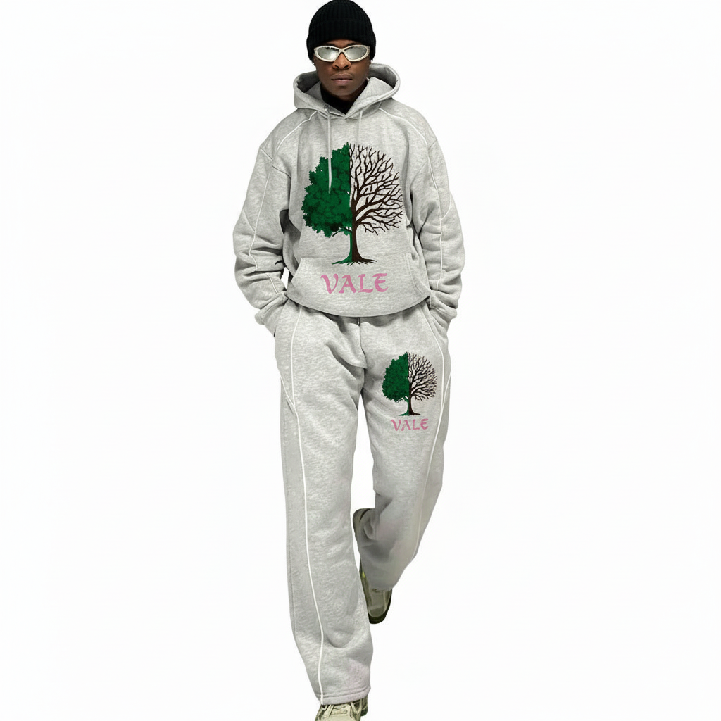 Men's 2-piece streetwear tracksuit set made of breathable cotton featuring white contrast piping, a split-tree graphic logo, and wide-leg joggers in Grey, Blue, and Purple colors.