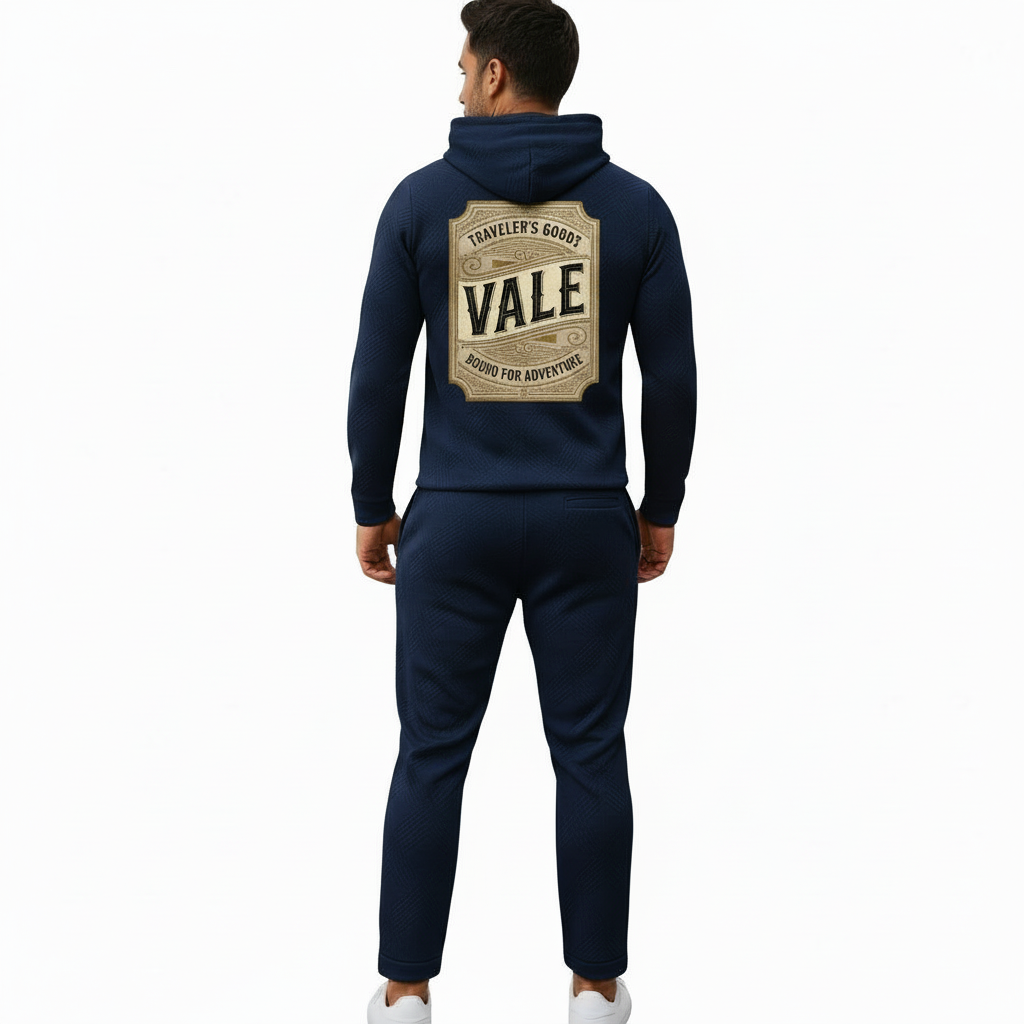 Man wearing a textured breathable cotton tracksuit with a vintage traveler's badge on the back, available in Obsidian Navy, Forest Green, and Heather Charcoal.