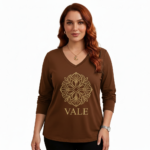 Women's VALE long sleeve V-neck cotton shirt with gold mandala floral print in green, brown, and black colors.