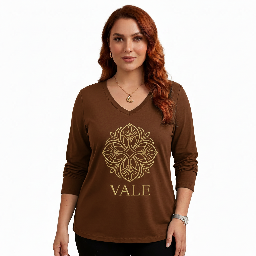 Women’s Premium Cotton V-Neck Shirt Women's VALE long sleeve V-neck cotton shirt with gold mandala floral print in green, brown, and black colors.