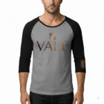 Men's VALE brand 3/4 sleeve raglan cotton shirt featuring metallic chest logo and sleeve detail in Maroon, Navy, and Black.