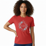 Women wearing a breathable cotton "VALE" floral graphic t-shirt in blue, grey, and red colors.