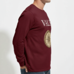 Men's long sleeve breathable cotton shirt in red, olive green, and maroon featuring a vintage VALE compass graphic design, athletic slim fit