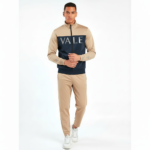 Side-by-side view of a male model wearing the VALE breathable cotton tracksuit in black, navy blue, and sand beige colors.