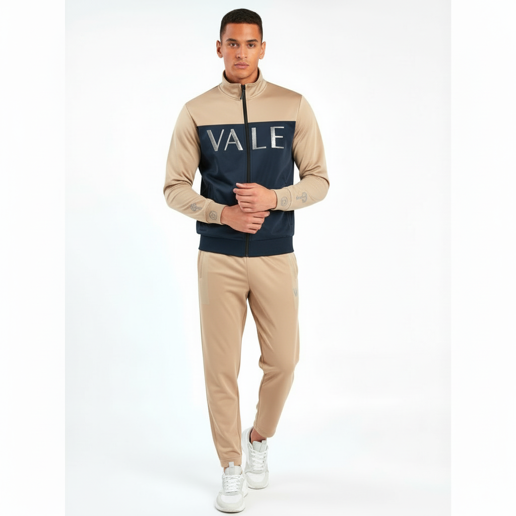 Side-by-side view of a male model wearing the VALE breathable cotton tracksuit in black, navy blue, and sand beige colors.
