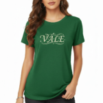 Person wearing a VALE graphic breathable cotton t-shirt in green, brown, and red colors with vintage floral design.