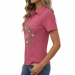 Women's quarter-zip cotton polo shirt featuring a VALE celestial moon and moth botanical wreath design in Forest Green, Black, and Rose.