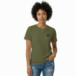 Minimalist V-logo breathable cotton t-shirt for men in olive green, steel blue, and cream white, styled with denim jeans.