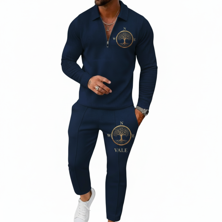 Men's 2-piece breathable cotton tracksuit featuring a quarter-zip polo shirt and matching joggers with a gold Tree of Life compass logo, available in Navy, Maroon, and Orange.