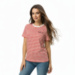 Woman wearing a breathable red and white striped cotton t-shirt with VALE embroidery and blue jeans, isolated on a white background. / Woman wearing an orange and white striped cotton crew neck t-shirt with VALE chest embroidery.