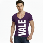 Man wearing VALE brand deep v-neck slim fit t-shirt with bold white vertical logo