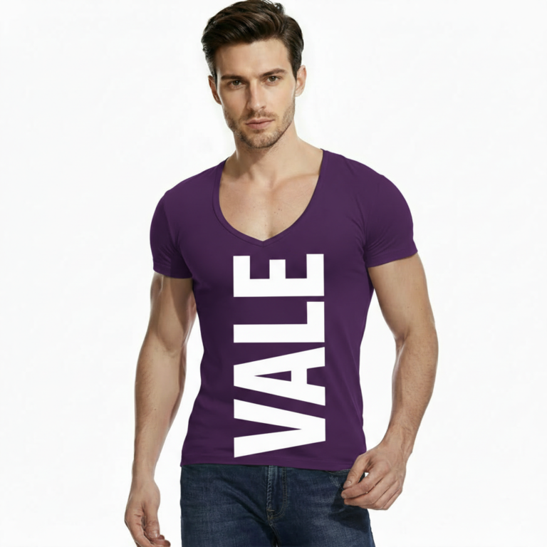Man wearing VALE brand deep v-neck slim fit t-shirt with bold white vertical logo