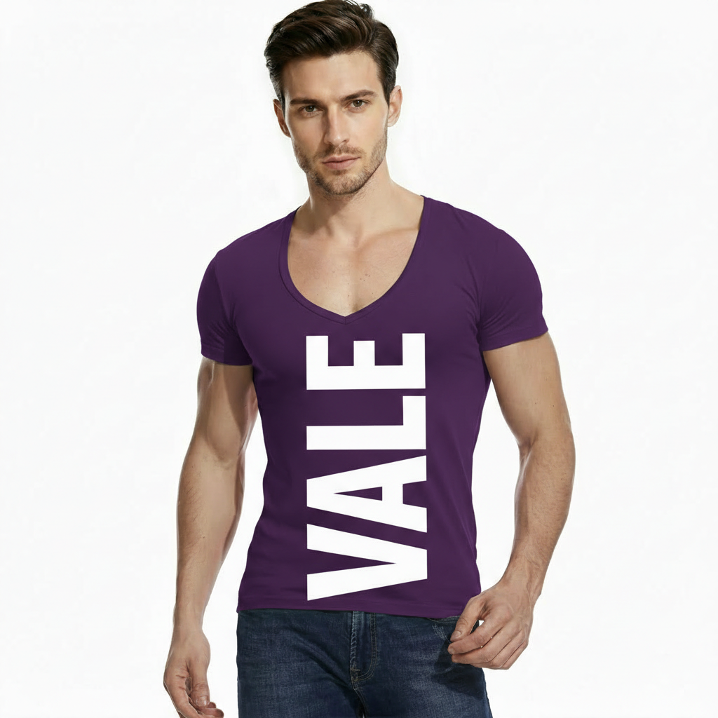 VALE Men's Athletic Slim Fit Scoop V-Neck T-Shirt Man wearing VALE brand deep v-neck slim fit t-shirt with bold white vertical logo