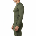 Front view of a man wearing a VALE brand 2-piece compression suit featuring a gold Tree of Life mandala graphic on the long-sleeve top and matching leggings, shown in brown, olive green, and grey colors.