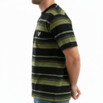 Close-up of a men's slim-fit 100% cotton striped t-shirt with variegated horizontal lines and a small chest logo.