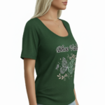 Women's breathable cotton t-shirt featuring a "Bhoo Vale" butterfly graphic design, available in Dusty Blue, Heather Grey, and Forest Green.